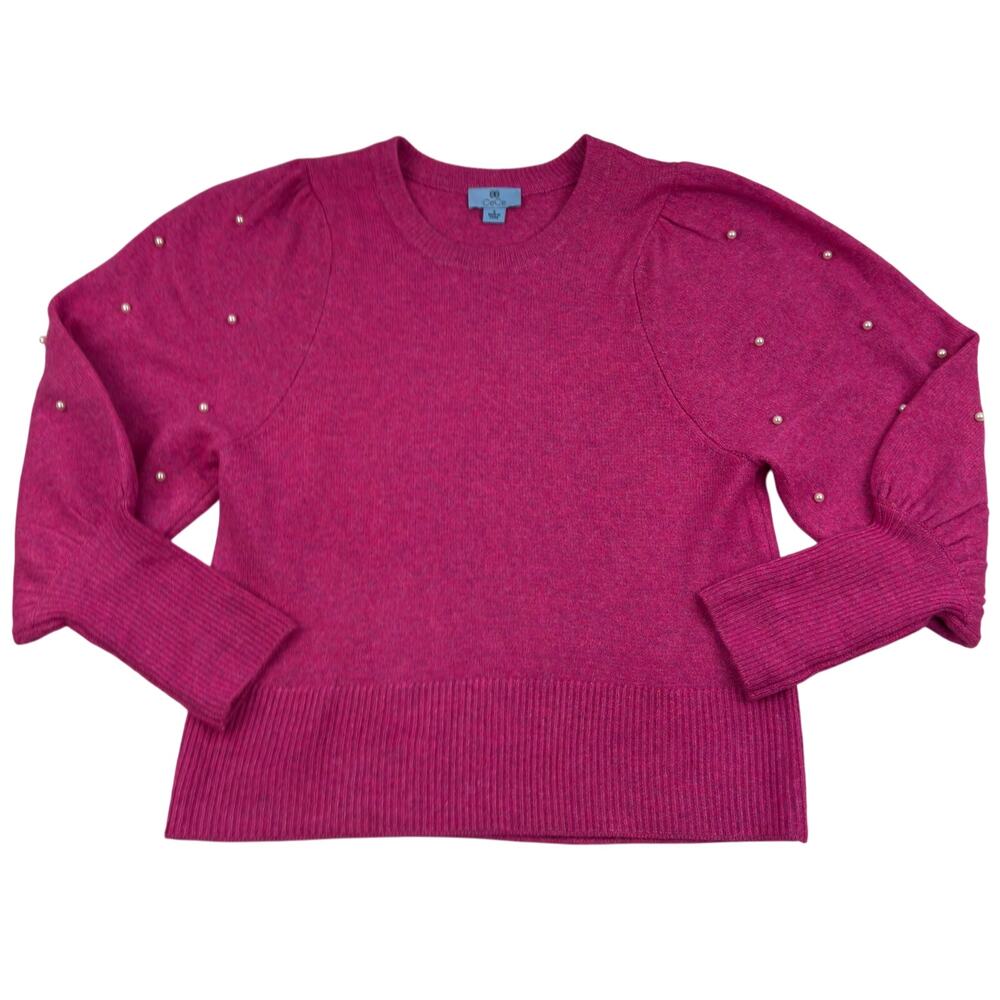 CeCe Pink Feminine Pearl Embellished Balloon Sleeve Pullover Sweater Women's M